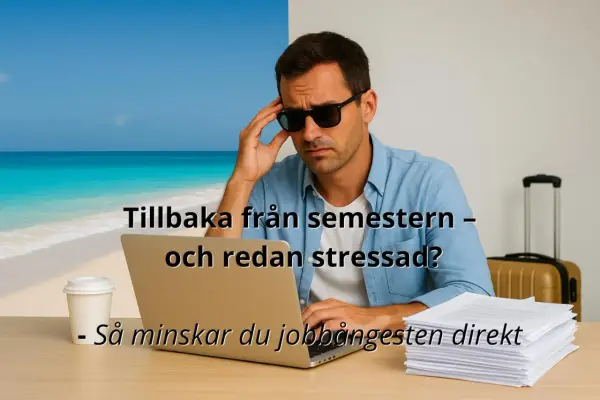 Tillbaka efter semestern och redan stressad? Mannen med solglasögonen på kontoret med en strandbild som bakgrund.