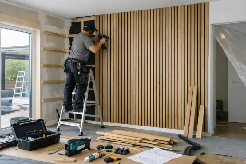 Man på en stege, som ska montera akustikpanel på väggen med en omladdningspistol. Verktyg och material ligger utspridda på golvet.